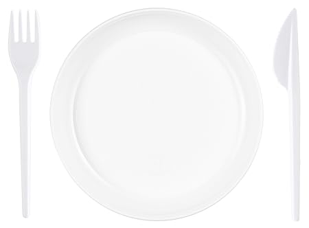 RAGO 300 teiliges Einweg Plastik Set - 100 Messer, 100 Gabeln, 100 Teller 22cm - Weiß