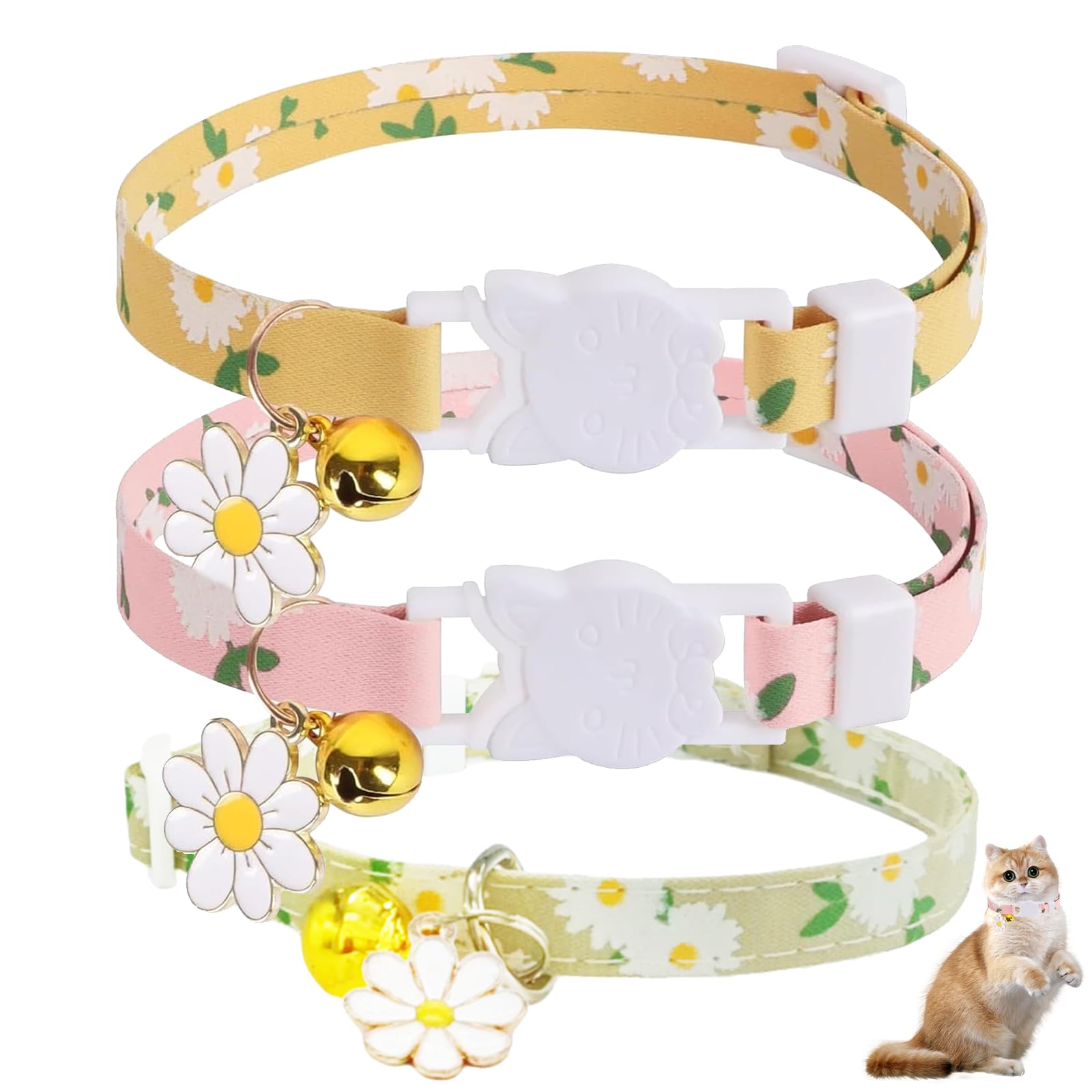 Asheyya 3 PCS Cat Collar With Bell, Kitten Collars with Bells, Adjustable Soft Flower Pattern Pet Collar for Cat