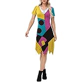 Women's Patchwork Dress 3D Print Long Sleeve Crew Neck Costume for Adult Halloween Cosplay Party