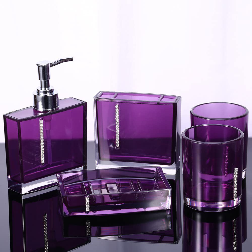 5PC/Set Acrylic Bathroom Suit Accessories Include Bath Cup Bottle Toothbrush Holder Soap Dish Bath Accessories, Purple