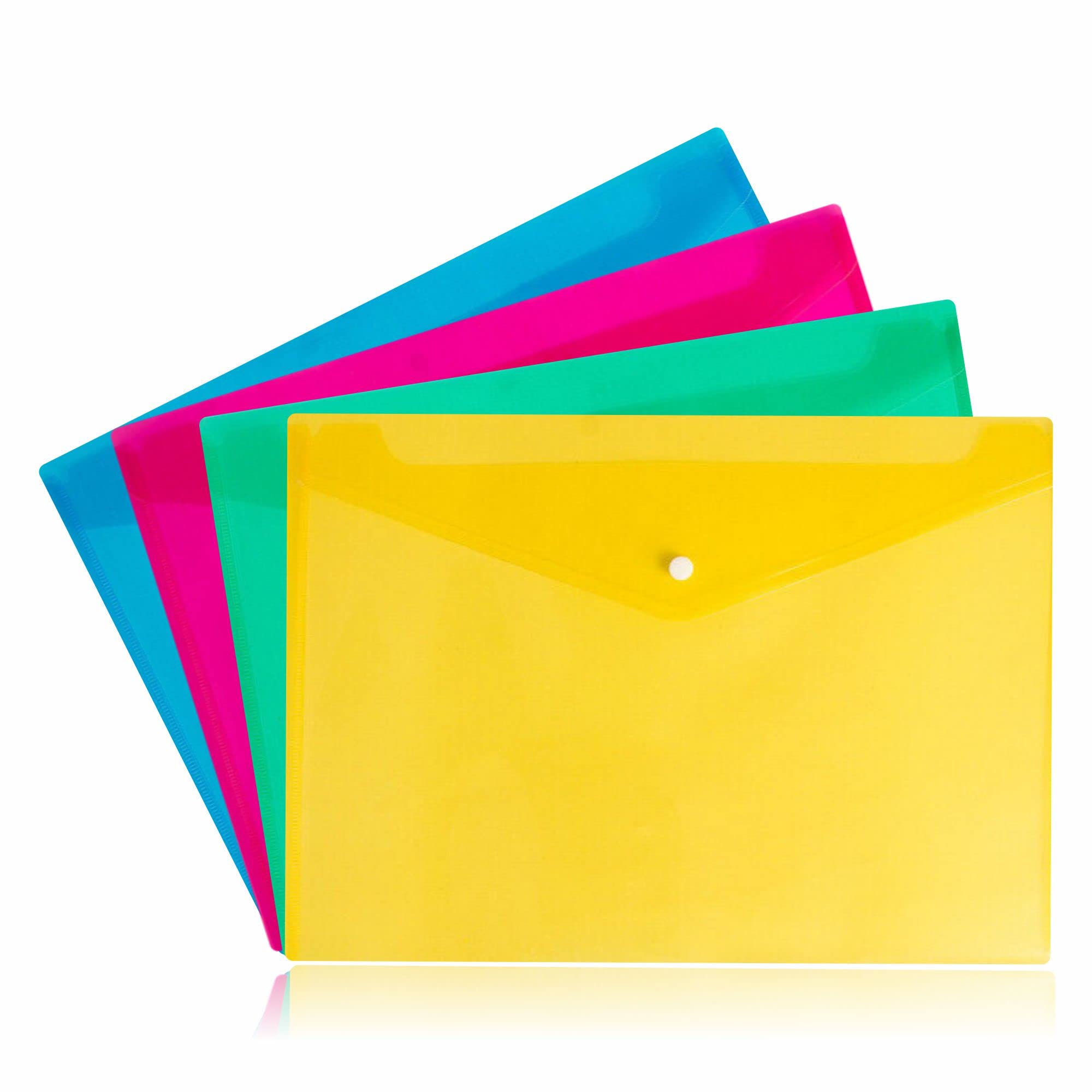 AZEEZ File Folders A4 Plastic Wallets Envelopes Document Popper Folder w/ Button Closure Files Home Travel School Office Stationary Paper Filing Assorted Colors 23.5cm X 33.5cm(Pack of 4) (N-12)