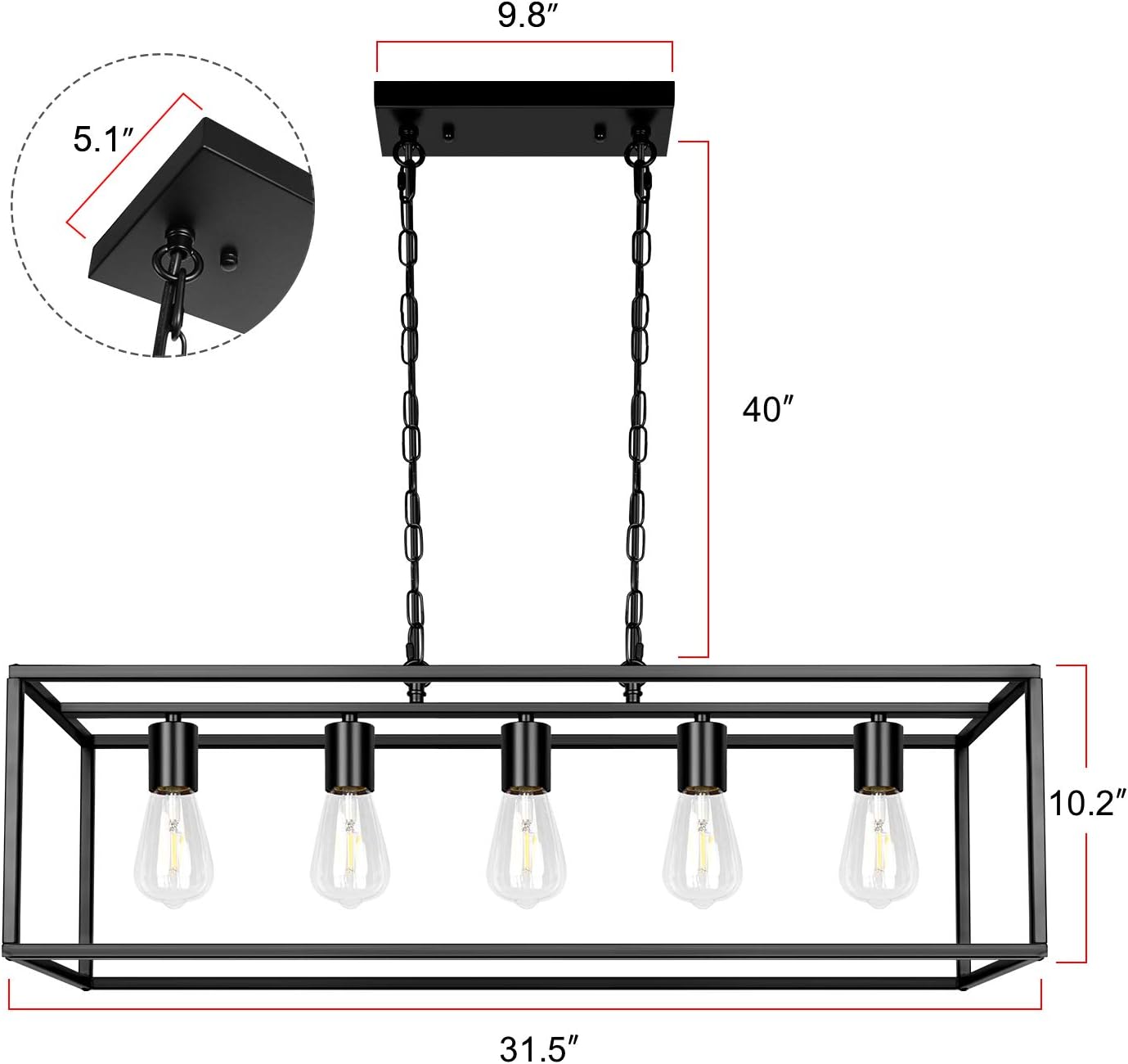 Black Farmhouse Kitchen Island Dining Room Chandelier, Modern Rectangle Pendant Light, Industrial Light Fixtures for Living Room Foyer Bar ( 5-Light ) - - 