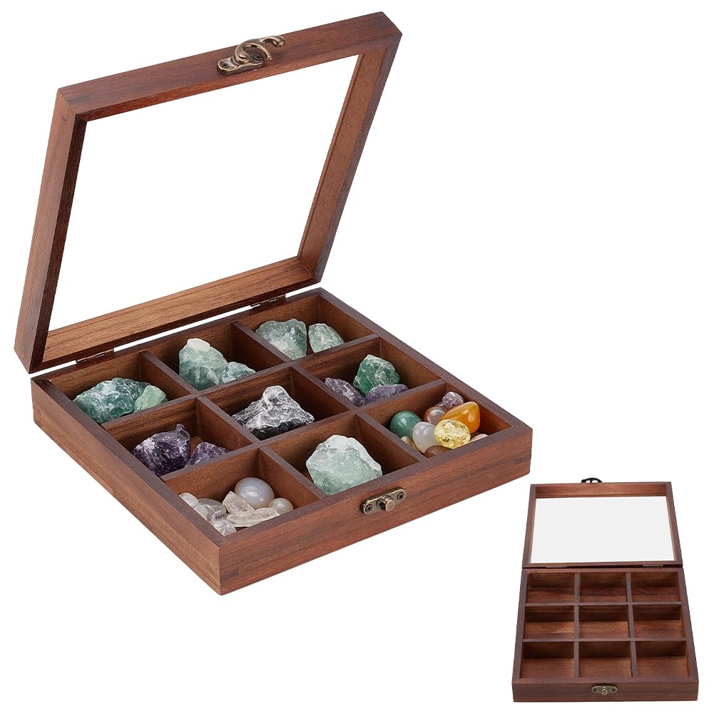 Photo 1 of INFUNLY 7.9x7.9 Inch Pine Wooden Crystal Storage Box with Acrylic Lid Organizer for Stones with 9 Fixed Compartments