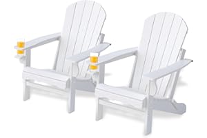 CLOUDEEP Folding Adirondack Chairs Set of 2, HDPE Plastic Adirondack Chair with Cup Holder and Umbrella Hole, Wood-Texture Outdoor Fire Pit Chairs for Lawn, Patio Garden and Deck, White
