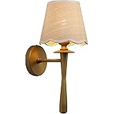PERMO Rattan Wall Sconce with Vintage Brass Arm, Beige Yellow Woven Shade, E26 Hardwired Wall Light for Bedroom Hallway Livin