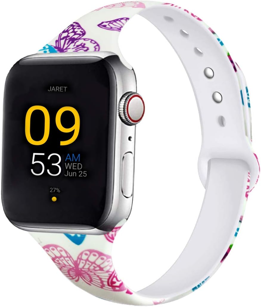 Floral Bands Compatible with Watch Band Series 5 4 3 2 1, Slim Band 38mm 40mm 42mm 44mm, Silicone Narrow Skinny Band Fadeless Pattern Print Watchband Wristband for Women Men Kids