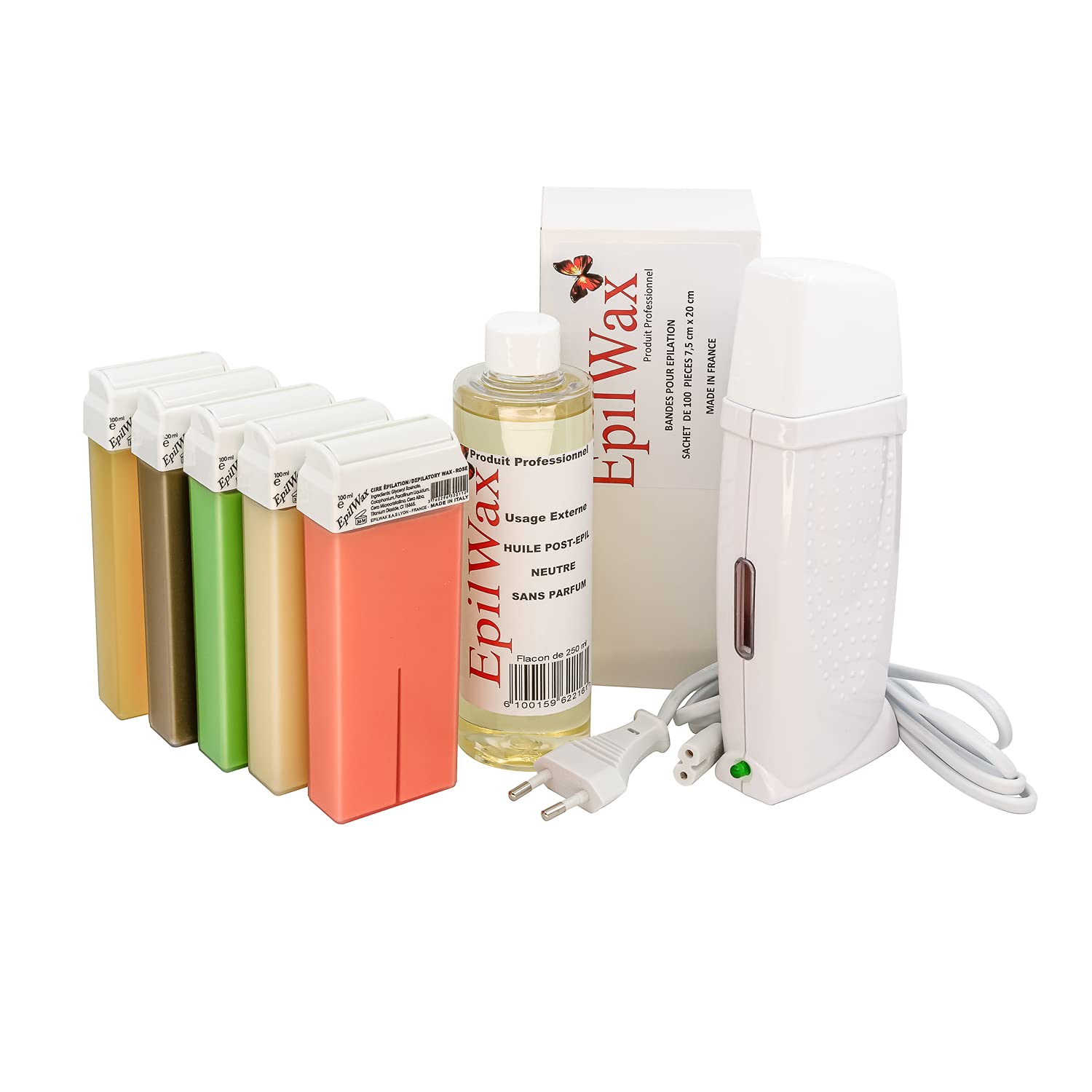 EpilWax Royal Depilatory Kit Complete with: Professional Wax Heater 5 Roll-On Wax 100 ml variegated, 100 Depilatory Strips, 1 Bottle of 250 ml After Wax Oil - (Royal Series variegated 5)