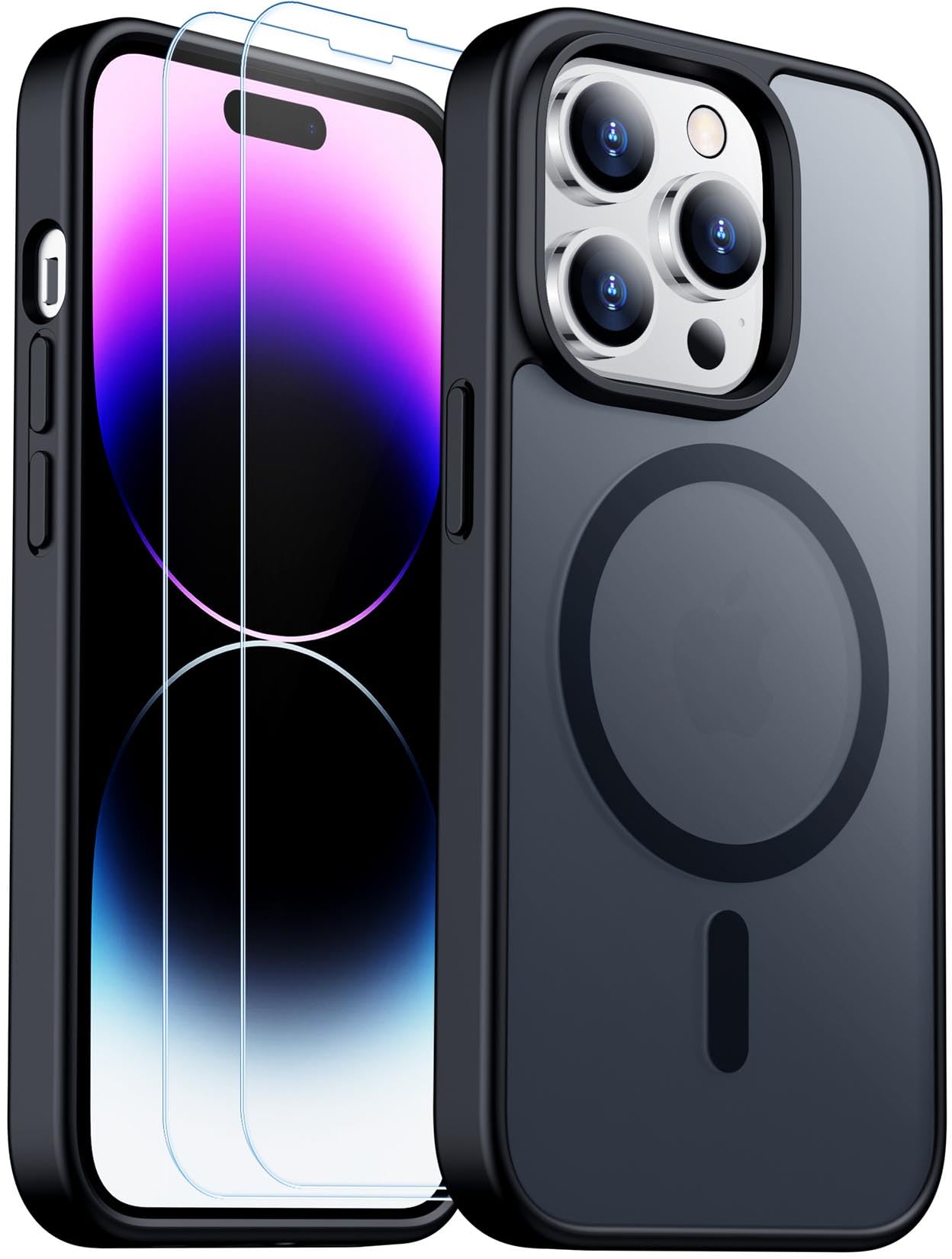 Photo 1 of SPIDERCASE for iPhone 14 Pro Max Case, Magnetic Translucent Matte Case with 2PCS Tempered Glass Screen Protector Slim Phone Case for iPhone 14 Pro Max 6.7'', Black