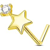 Jewseen 14K Solid Gold Nose Ring Studs 20G 14K Gold Nose Ring for Women Star Nostril Piercings L Shaped Nostril Studs for Women Men