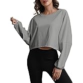 MATEAM Womens Workout Tops Casual Sweatshirt Long Sleeve Cropped Plain t Shirts Crewneck Ladies Going Out Crop Loose Fit Fashion Clothing for Women Trendy Light Grey L