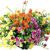 WILLBOND 12 Bundles Artificial Flowers Outdoor, UV Resistant Faux Artificial Plants Shrubs Plastic Flower Bulk for Hanging Planter Porch Window Home Spring Summer Decor(Yellow, Orange, Fuchsia)