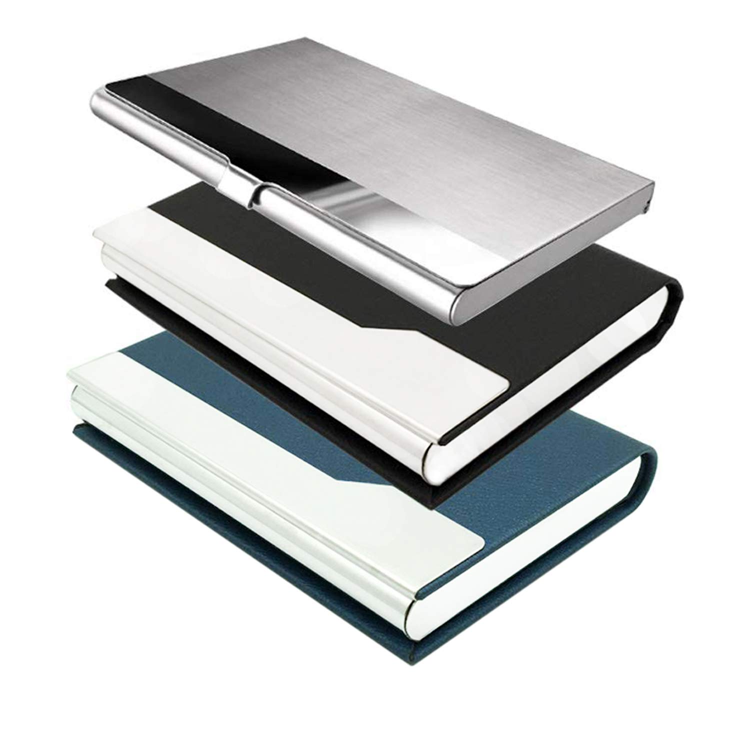 CKANDAY 3 Pack Professional Business Card Holders,1 Pcs Stainless Steel & 2 Pcs PU Leather Silking Protective Pocket Case with Magnetic Shut and Metal for Name ID Card Men Women - Black Blue Silver
