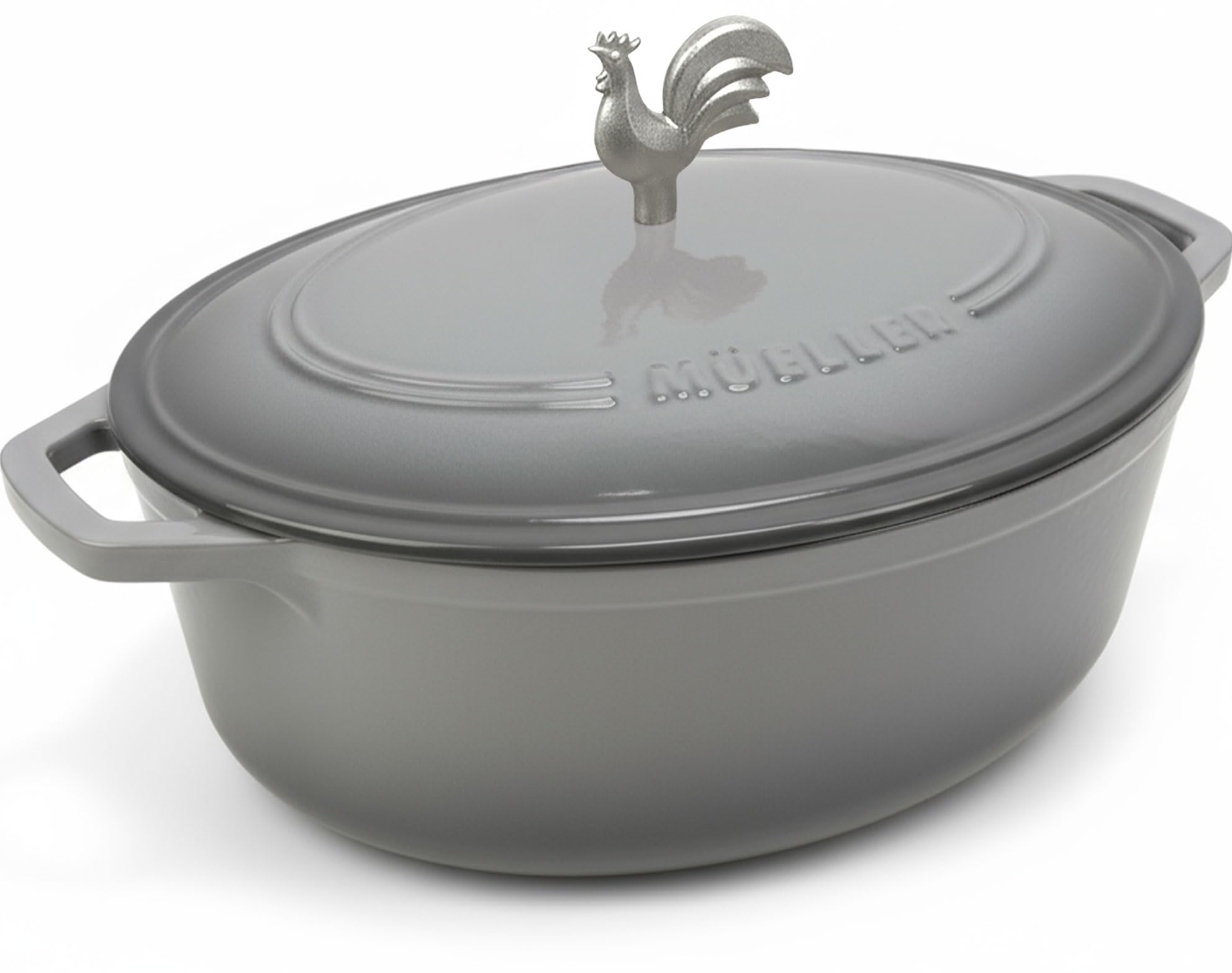 MÜELLERHOME 5.5 Quart Enameled Cast Iron Oval Dutch Oven, Rooster Knob, Heavy-Duty Cookware, Oven-Safe up to 500° F & Across All Cooktops, Cooking Pot with Lid, Gifts for Grandma & Women, Gray Image