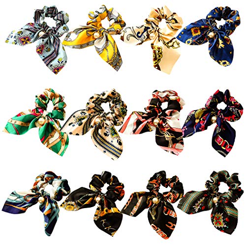 WillingTee 12 Pack Big Bow Hair Scrunchies Chiffon Elastic Hair Bands Bowknot Pearls Hair Ties Ponytail Holder Silk Scrunchies Hair Accessories for Women Girls Ladies