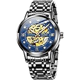 OLEVS Gold Skeleton Men's Automatic Mechanical Watches self Winding Luxury Dress Shiny Diamond Stainless Steel Waterproof Luminous Wrist Watches