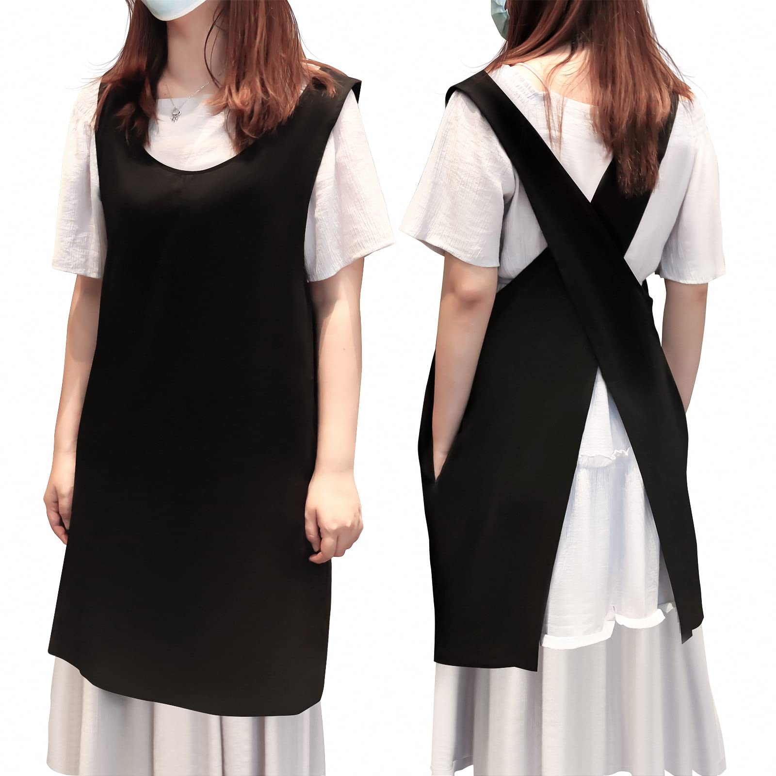 YushengTai Japanese style aprons, minimalist cotton linen aprons with pockets, aprons with X-shaped trugers, ideal for cooking and grilling, for gardening, relaxing and more, black, M