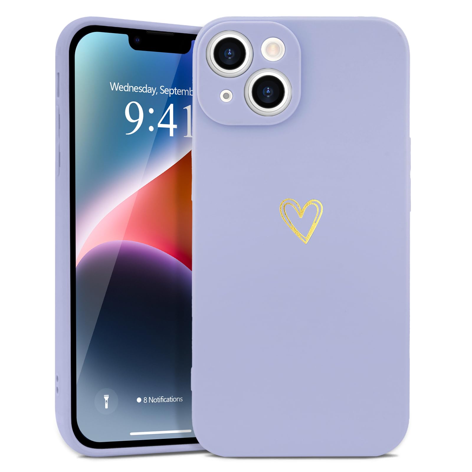 Wirvyuer for iPhone 14 Plus Case with Cute Heart Pattern Soft Shockproof Protective Silicone Phone Case for Women Girls,Lilac Purple