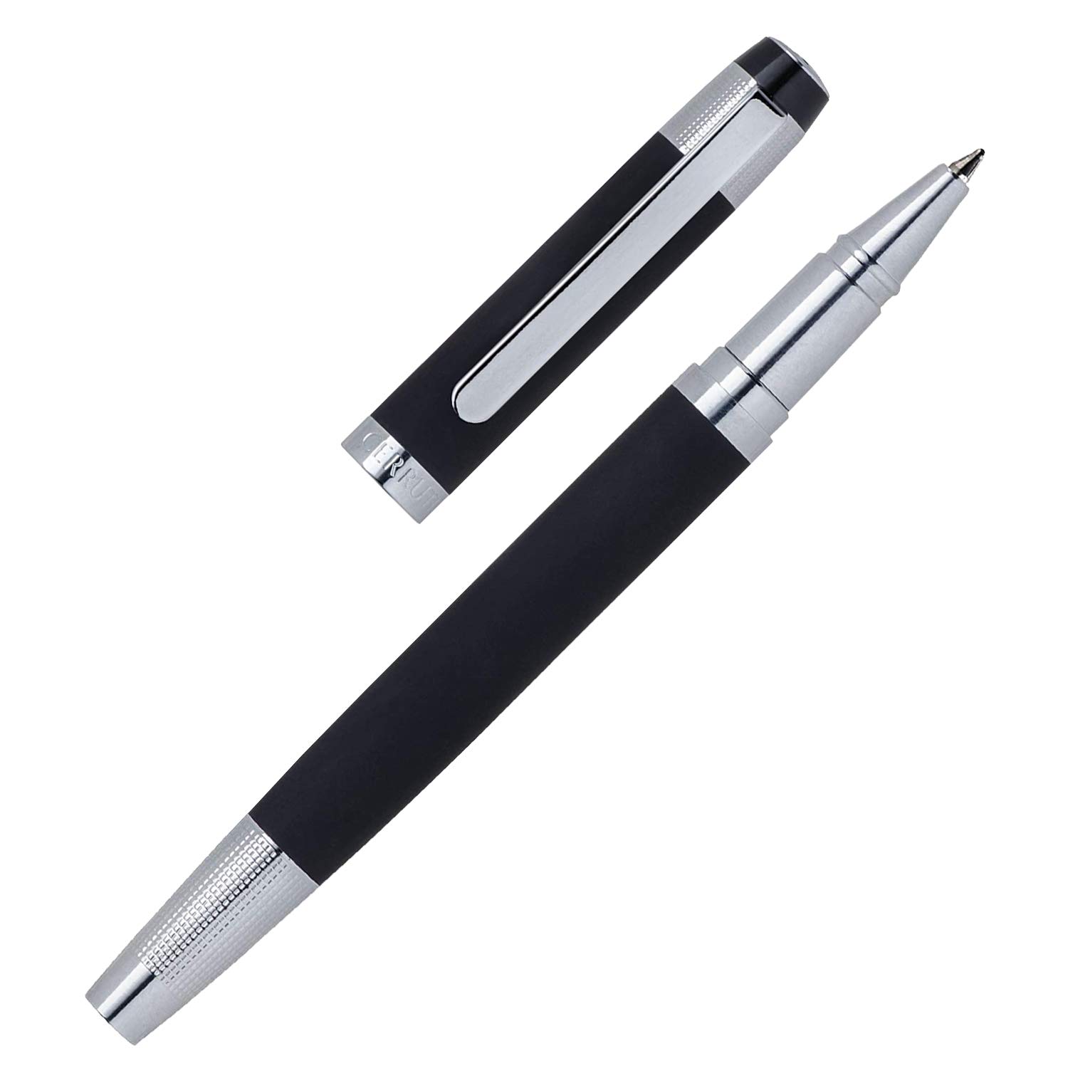 Cerruti 1881 Rollerball Pen „THAMES“ | Stainless Steel with Black Rubberized Lacquer And Chrome Plating | Black Ink | Gift Box