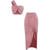 WDIRARA Women's 2 Piece Outfits One Shoulder Crop Tops and Side Split Bodycon Midi Skirt Set
