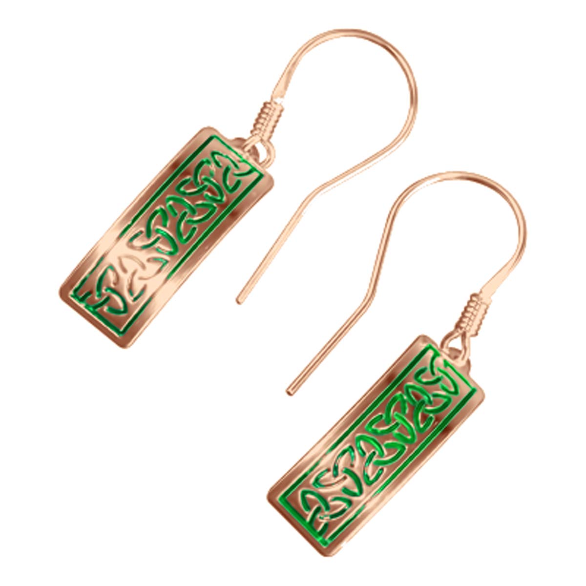 GWG Jewellery Earrings 18K Rose Gold Coated Sterling Silver Rectangular Celtic Trinity Knots in Green Enamel in Gift Box for Women