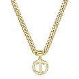 KissYan Gold Initial Necklace,14K Gold Plated Round Letter Pendant Hollow Capital Monogram 5mm Cuban Chain Necklace Alphabets