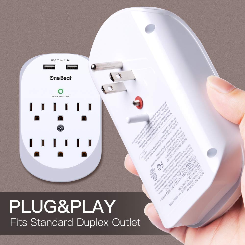 6 Outlet Surge Protector, One Beat Multi Outlet Wall Mount Adapter with 2 USB Charging Ports 2.4 A, 490 Joules, ETL Certified-White