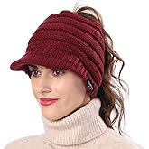Women's BeanieTail Warm Knit Hat Messy High Bun Ponytail Visor Beanie Cap