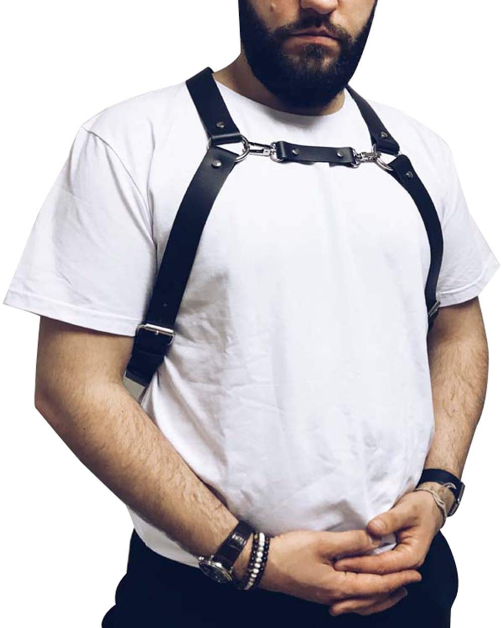 Pinwe Men's Leather Chest Body Harness Belt Adjustable Buckle Straps Club Wear Costume(LM10)