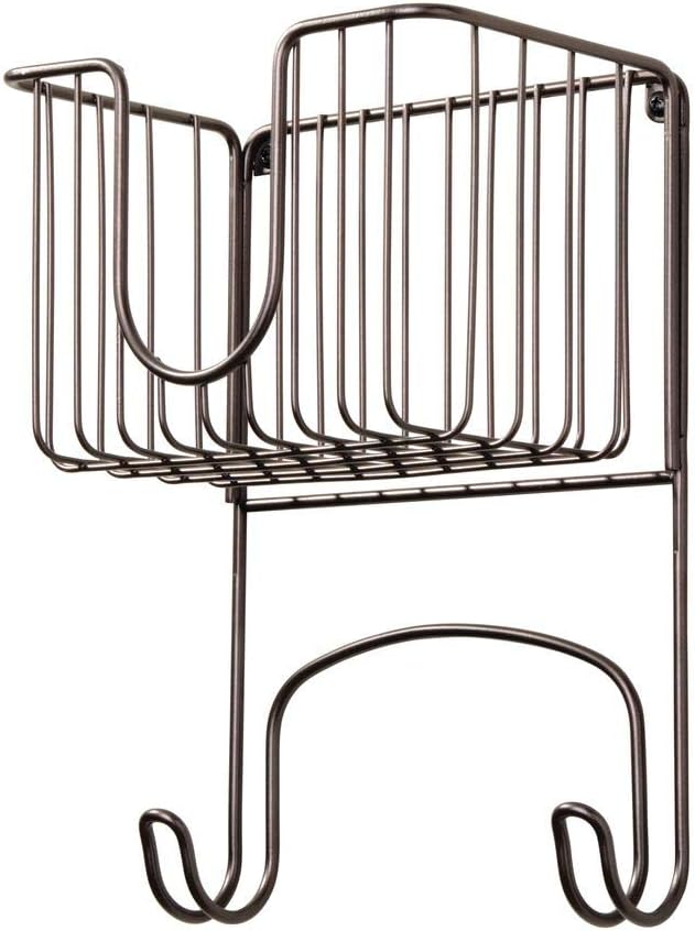 mDesign Wall Mount Metal Ironing Board Holder with Small Storage Basket - Holds Iron, Board, Spray Bottles, Starch, Fabric Refresher for Laundry Rooms - Bronze: Home & Kitchen