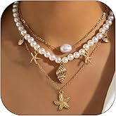 Gold Sea Shell Necklace Layered Charm Necklace for Women Boho Summer Seashell Beach Starfish Necklaces 14k Pearl Chain Surfer Jewelry Beach Vacation Essentials