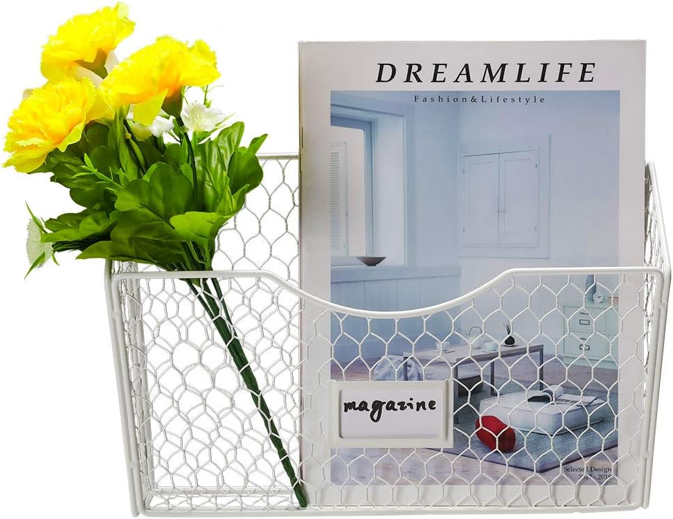 PAG 3 Pockets Hanging File Holder Wall Mount Mail Organizer Metal Chicken Wire Magazine Rack with Tag Slot, Black : Office Products