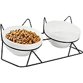 Elevated Tilted Cat Bowls for Indoor Cats，Raised Ceramic Cat Bowl Elevated 15&deg;,Pet Feeding Bowls for Food and Water Anti Vomiting Bowl(Double Ceramics and Tilt Shelf) Suitable