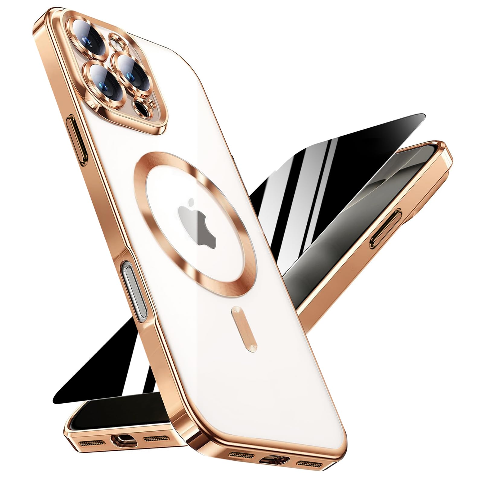 Magnetic for iPhone 16 Pro Case with Privacy Screen Protector & Full Camera Cover,[Non-Yellowing] Plating Glossy Soft Shockproof Clear Phone Case with MagSafe Women Girls for iPhone 16Pro 6.3",Gold
