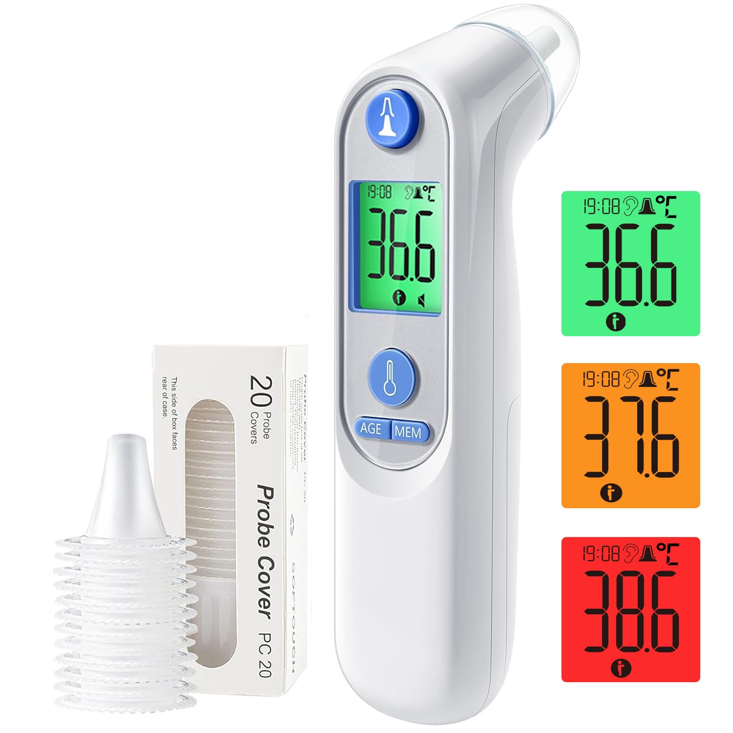 Highly Accurate Ear Thermometer, Digital Ear Thermometer for Kids and Adults, Memory Recall, Fever Alarm and 21 Disposable Probe Covers (White)