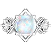 LELOUCHY 0.3 Carat Moissanite and White Opal Statement Ring 925 Sterling Silver 8-9 MM Heart/Round/Oval Cut Opal Moissanite Ring for Women Size 5-9