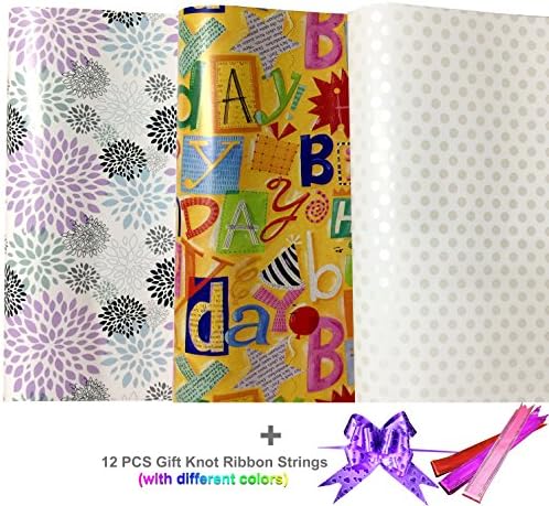 Christmas Gift Wrapping Paper with 12 Pull Bows for Holiday Wedding Child Baby Birthday, Wrap Paper Roll with Dots on Silver, Romantic flowers, Happy Birthday Patterns, 24" x 78 ", 3 Rolls
