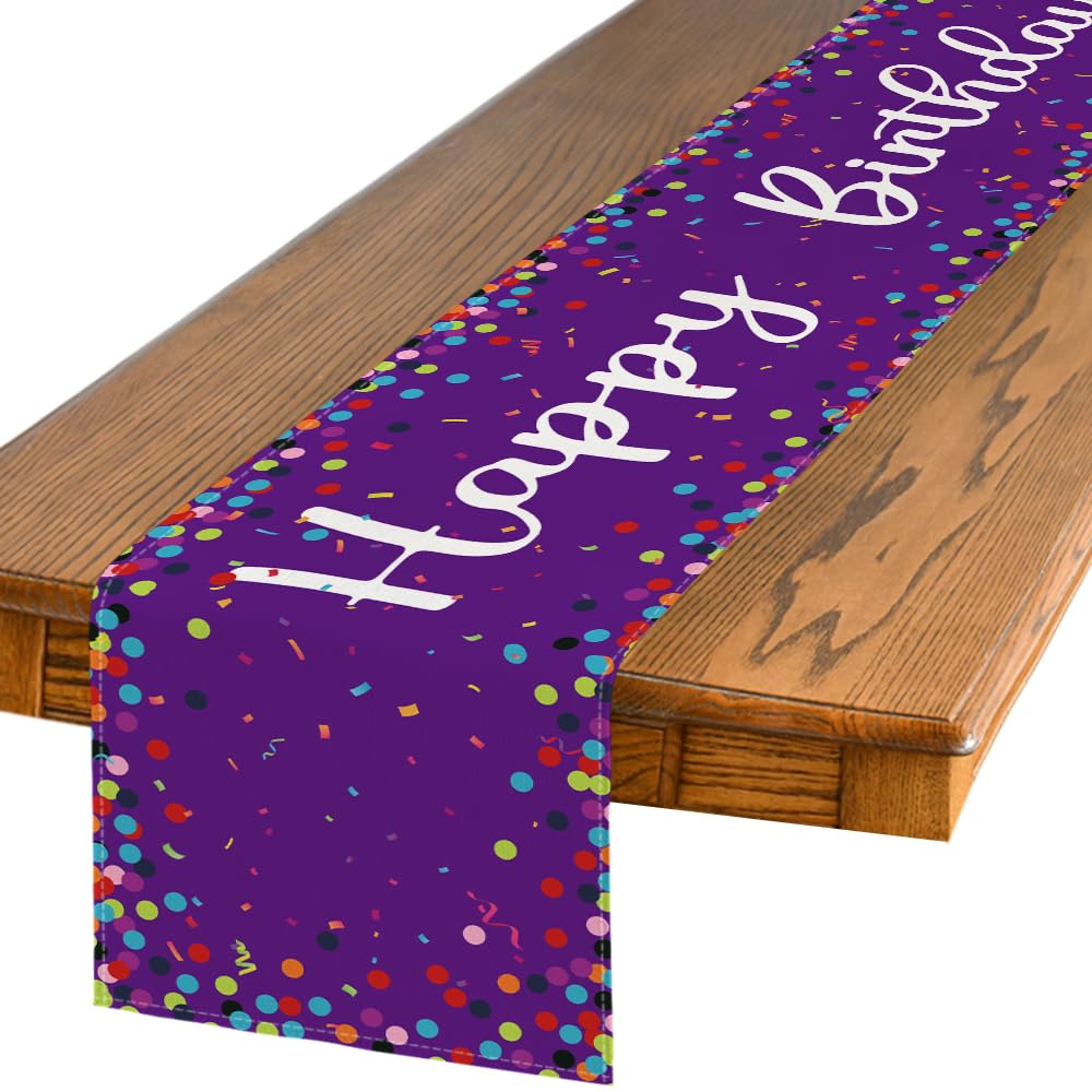 Photo 1 of Artoid Mode Polka Dot Purple Happy Birthday Table Runner, Seasonal Kitchen Dining Table Decoration for Home Party Decor 13x72 Inch
