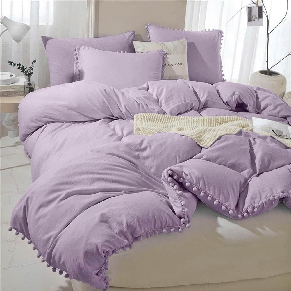 Photo 1 of ETDIFFE Lavender Pom Duvet Cover Full Size - 3 Piece Boho Bohemian Farmhouse Microfiber Quilt Cover Set - Soft and Lightweight Comforter Cover, Solid Light Purple Pompom