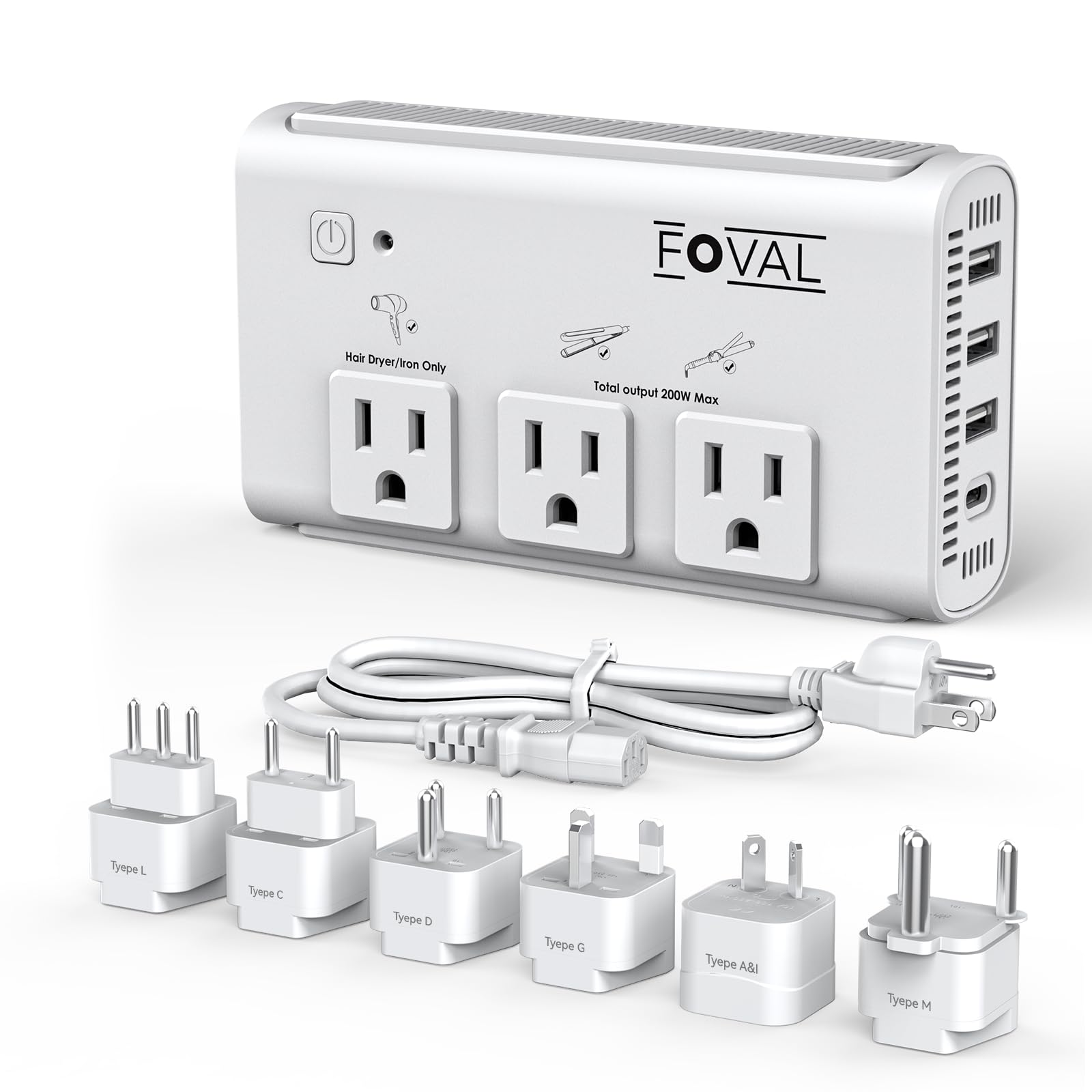 Photo 1 of 220V to 110V Travel Voltage Converter, FOVAL 2000W Power Converter for Hair Dryer, Straightener/Curling Iron with 4-Port USB (1 USB C), Step Down Transformer for US/EU/UK/AU/SA/Italy/India