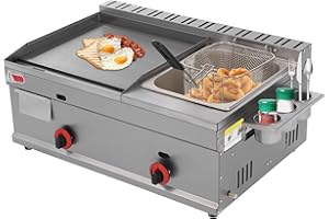 QEUSULIO Commercial Gas Griddle, 1.59 Gal Stainless Steel Deep Fryer, Multi-function Countertop Double Burner Station with Independent Temperature Control for Canteen Restaurant