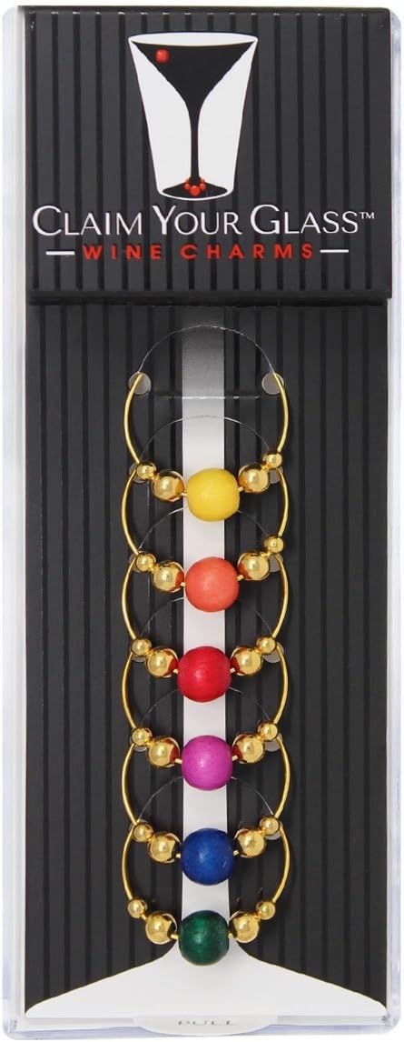 Wood bead (PRISM) Wine Glass Charms, Set of 6 - Premium Wine Markers by Claim Your Glass - Included Storage Case + Velveteen Pouch (GOLD)