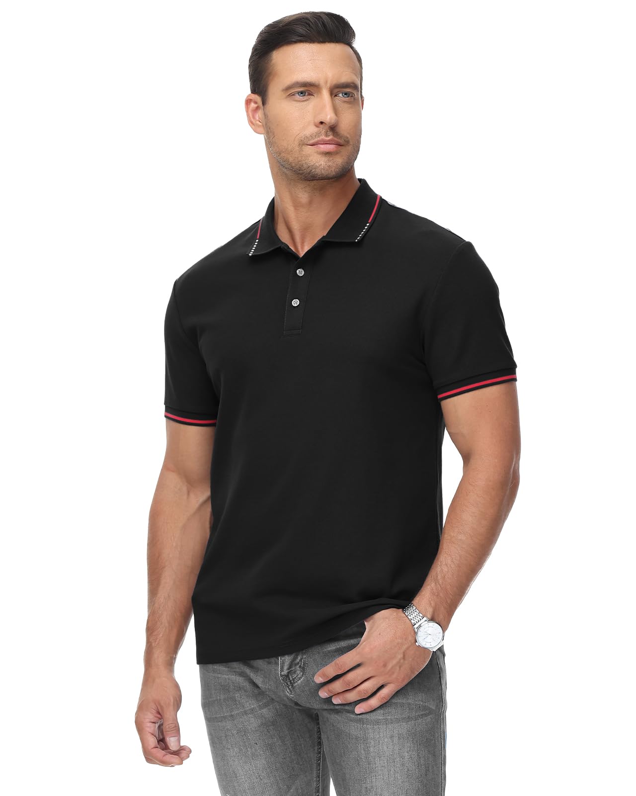 HMIYA Herren Poloshirt-Kontrast Kurzarm Polohemd Male Polo Klassisches,Schwarz,XL 2