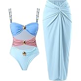 YUNIDMEIM Women's One Piece Swimsuit with Cover up Set Beach Wrap Skirt Retro Bikini Set Two Piece Bathing Suit with Cover up