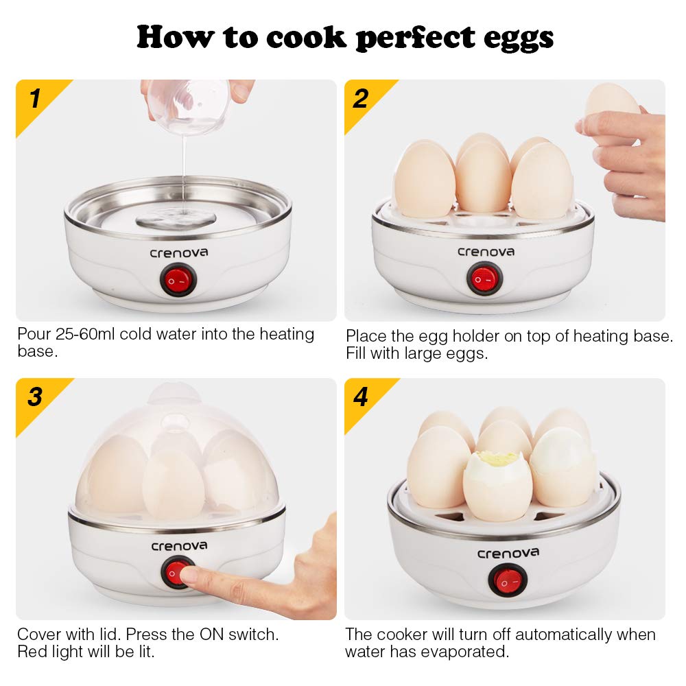 Crenova Egg Cooker Auto Shut Off 7 Egg Capacity Cooker for Hard, Medium, Soft Boiled and Poached Egg Recipes with Silicone Egg Ring & Measuring Cup