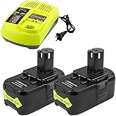 Labtec 2 Pack 6.0Ah Lithium Battery Replacement for Ryobi & P117 Charger Combo – Compatible with Ryobi 18V Tools (P102, P103, P104, P105, P107, P108, P109)