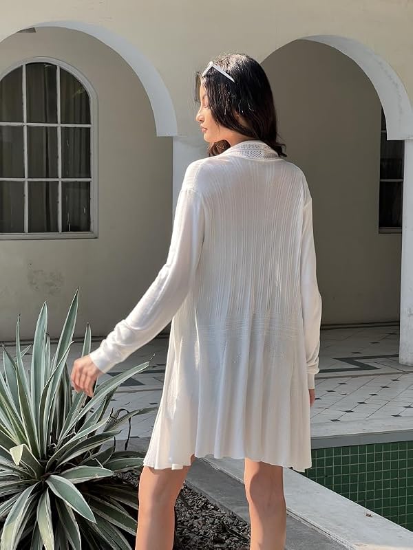 Gilet Femme Long Tricot Veste Femme Longue Pull Gilet Femme Manches Longue, Blanc, S — photo 4 sur 6
