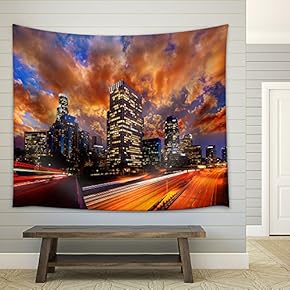 Downtown La Night Los Angeles Sunset Skyline California from 110 Freeway - Fabric Wall Tapestry Home Decor - 51x60 inches