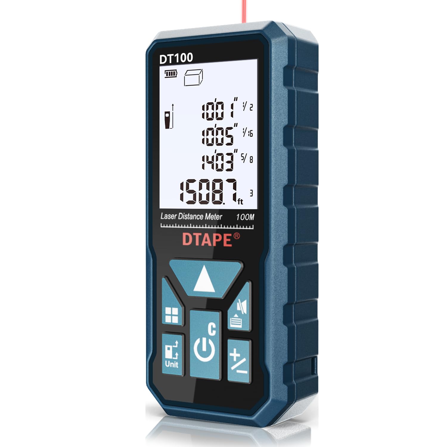 DTAPE Herramienta de medición láser de 165 pies, cinta métrica láser de alta precisión de 1/16, medida láser con pantalla LCD retroiluminada de 2, cinta métrica electrónica de pies/pulg/pies+pulg/m, distancia/área/volumen/telémetro láser indirecto