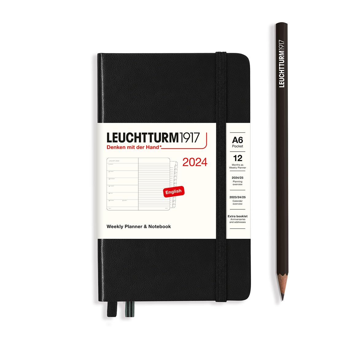 LEUCHTTURM1917 367747 Weekly Calendar & Notebook Pocket (A6) 2024, 12 Months, Black, English