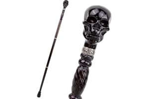 MEILUNMEIHUAN ART Black Creative Devil Skull Wooden Fashion Walking Stick Decorative Cospaly Wood Walking Cane Halloween Mace Wand Crosier 93cm